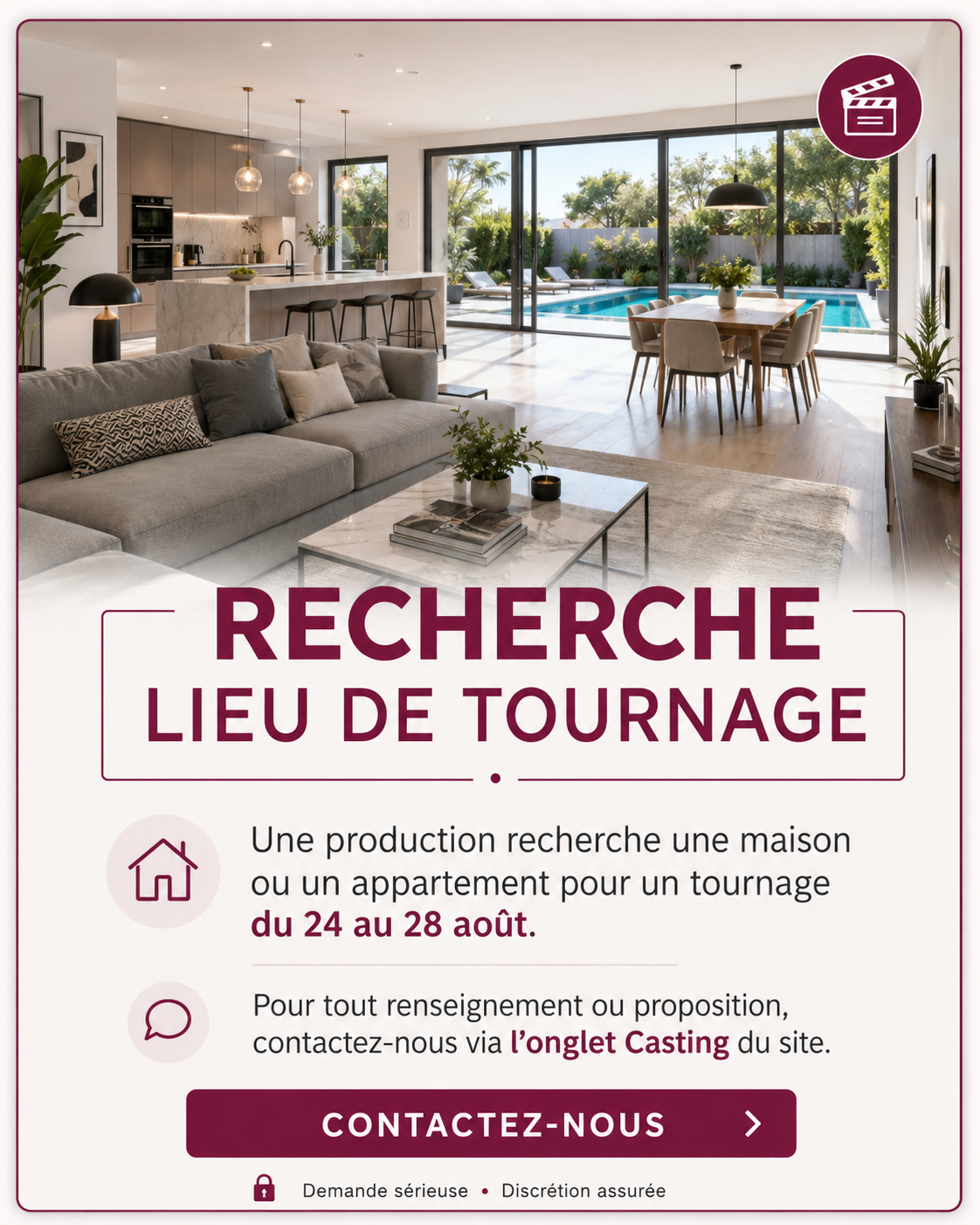 Une production recherche une maison ou un appartement pour un tournage du 24 au 28 août. Cliquez pour nous contacter.